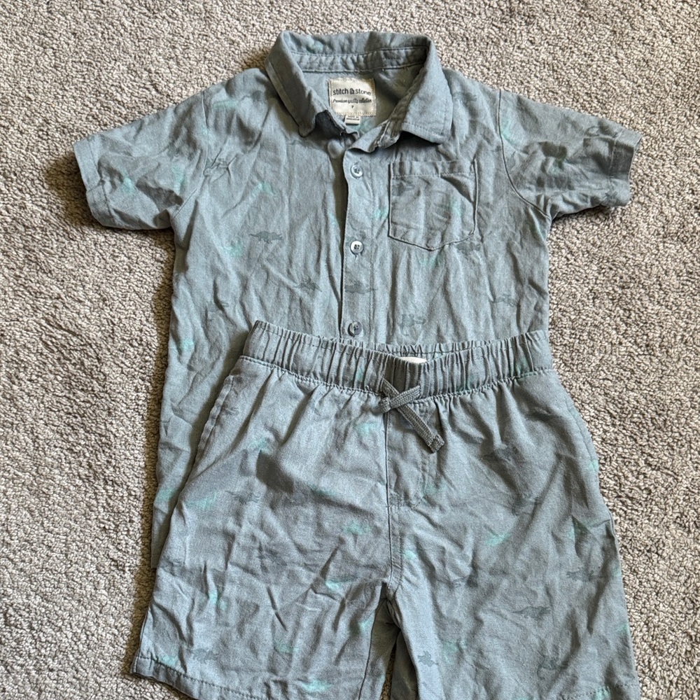 Boys Gray/Dino Button-Up Shirt and Shorts Set